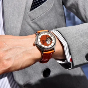 Đồng hồ nam automatic Pagani Design PD-YS015 dây da, mặt số sang trọng màu cam, thiết kế máy cơ lộ tim, phong cách lịch lãm dành cho doanh nhân.